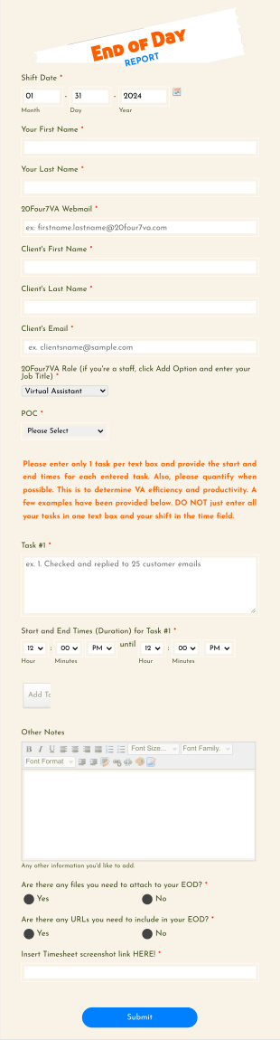 End Of Day Report Form Template