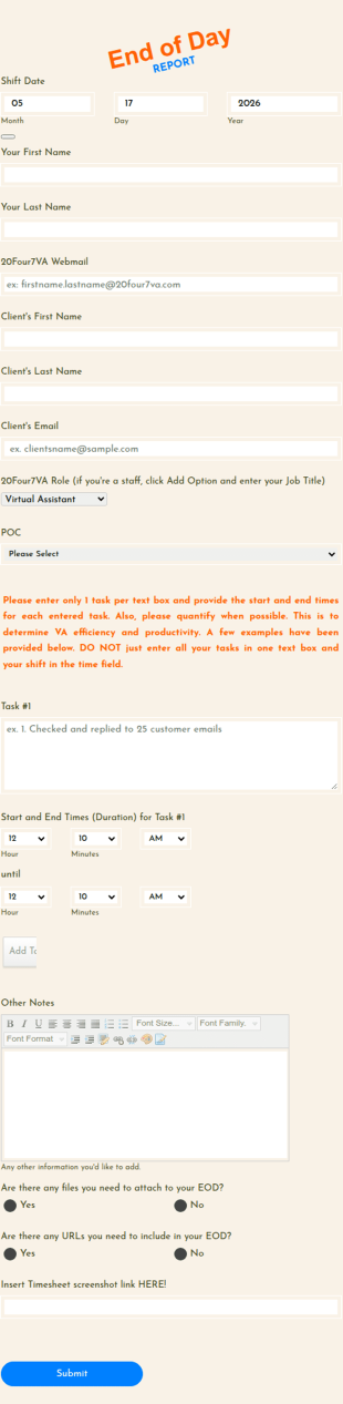 End Of Day Report Form Template
