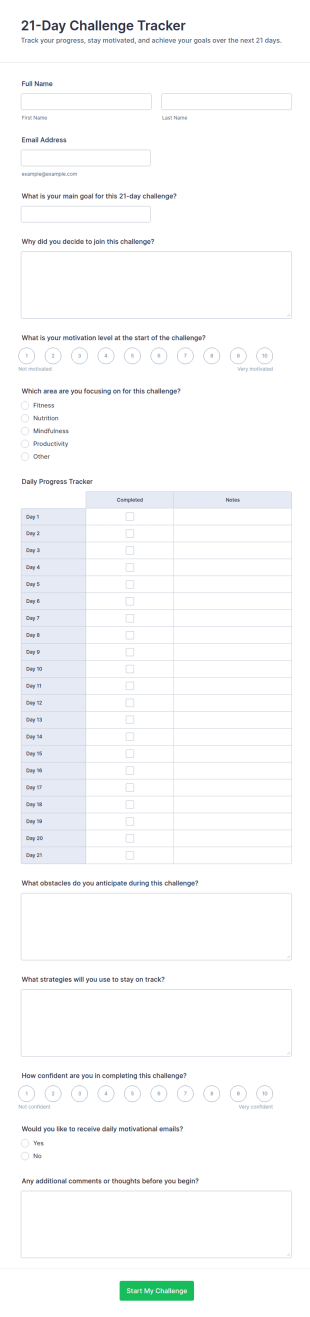 21 Day Challenge Tracker Form Template