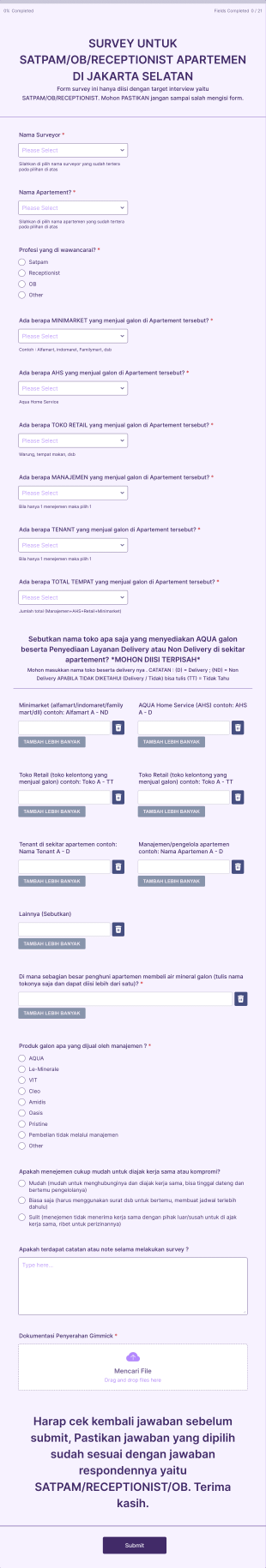 2.3 Survey Untuk Satpam/Ob/Receptionist Apartemen Jakarta Selatan Form Template