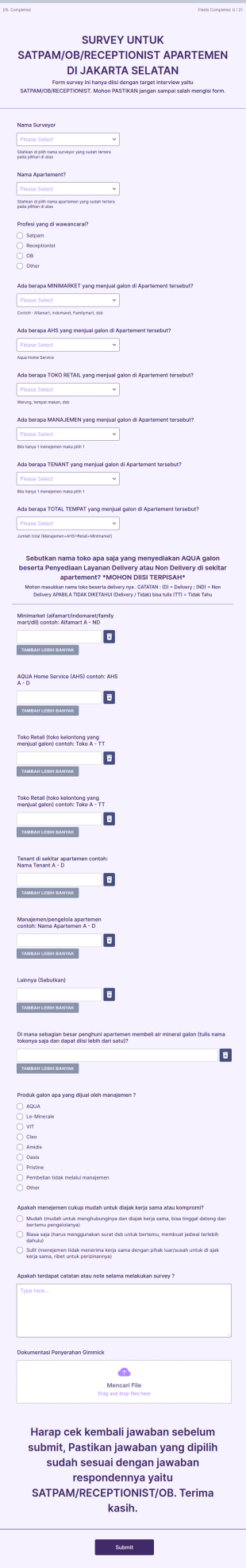 2.3 Survey Untuk Satpam/Ob/Receptionist Apartemen Jakarta Selatan