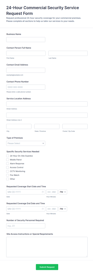 24 Hour Commercial Security Service Request Form Template