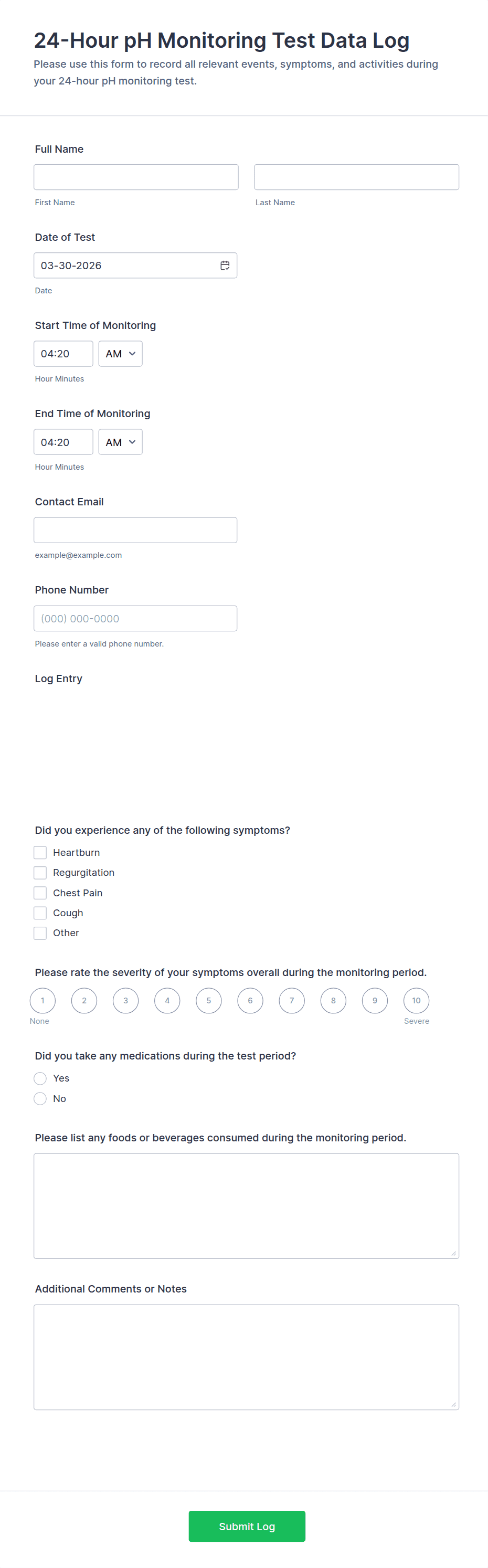 24-Hour pH Monitoring Test Data Log Form Template | Jotform