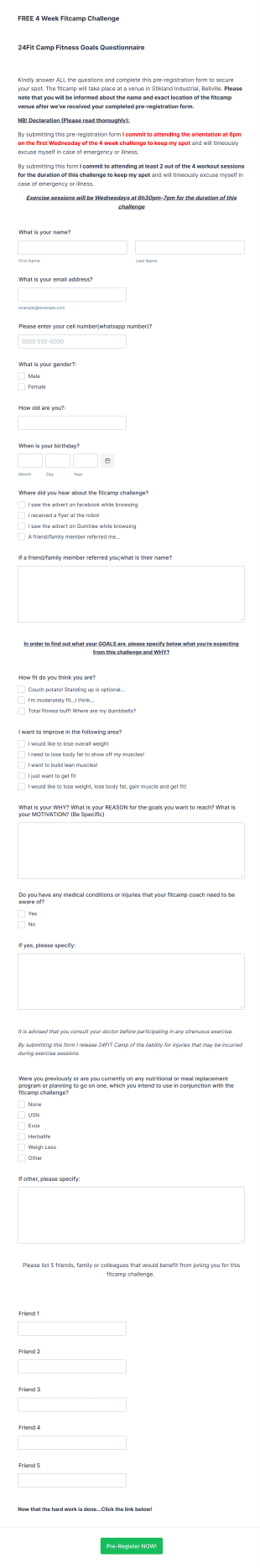 Fitness Goals Questionnaire Form Template
