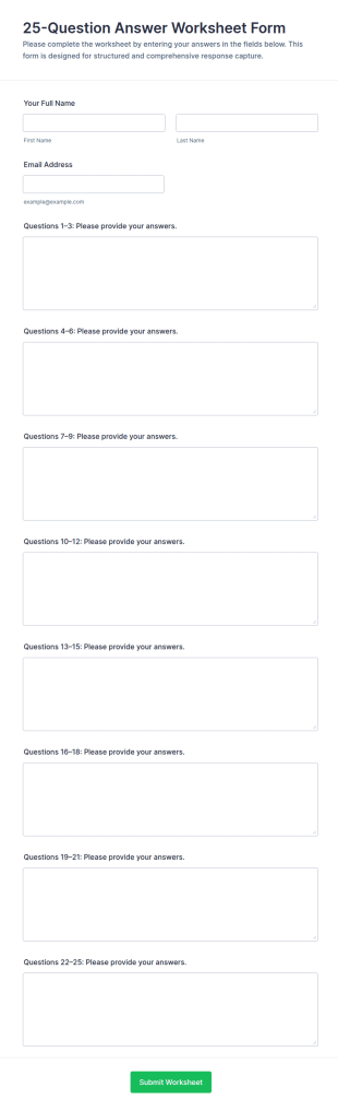 25 Question Answer Worksheet Form Template