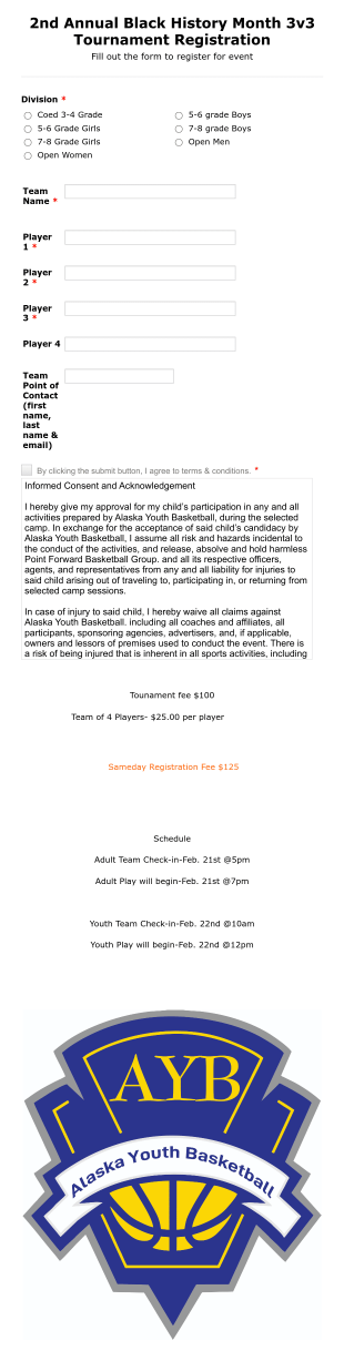 2nd Annual Black History Month 3 On 3 Basketball Tournament Registration Form Template