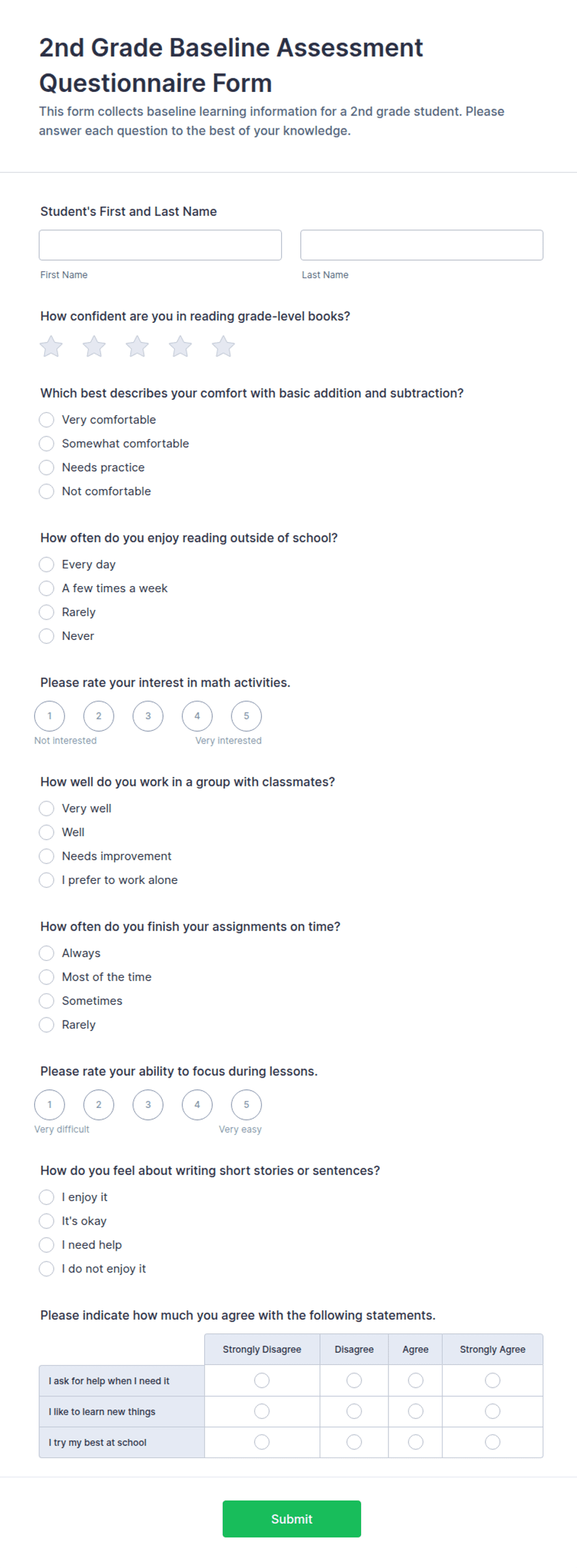 2nd Grade Baseline Assessment Questionnaire Form Template | Jotform