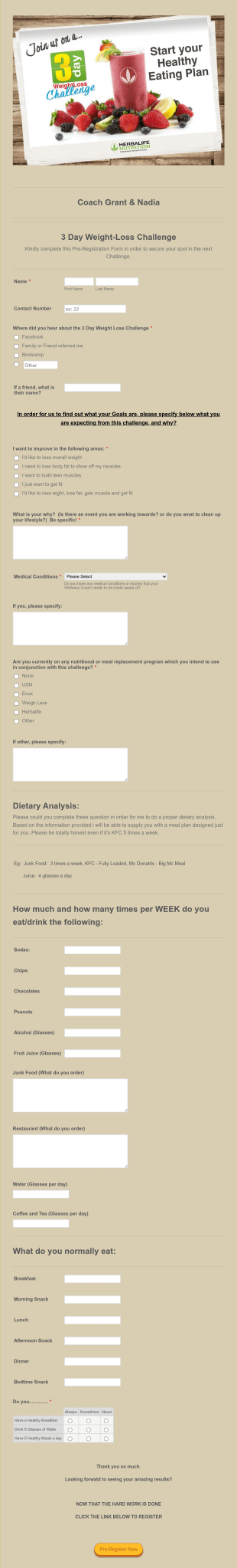 Weight Loss Challenge Registration Form Template