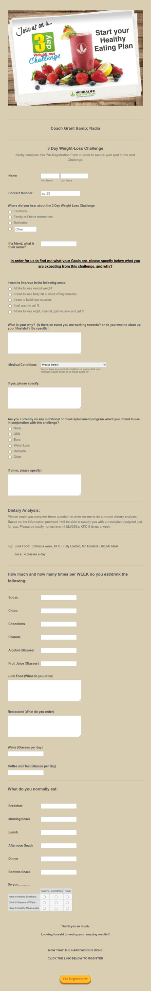 Weight Loss Challenge Registration Form Template