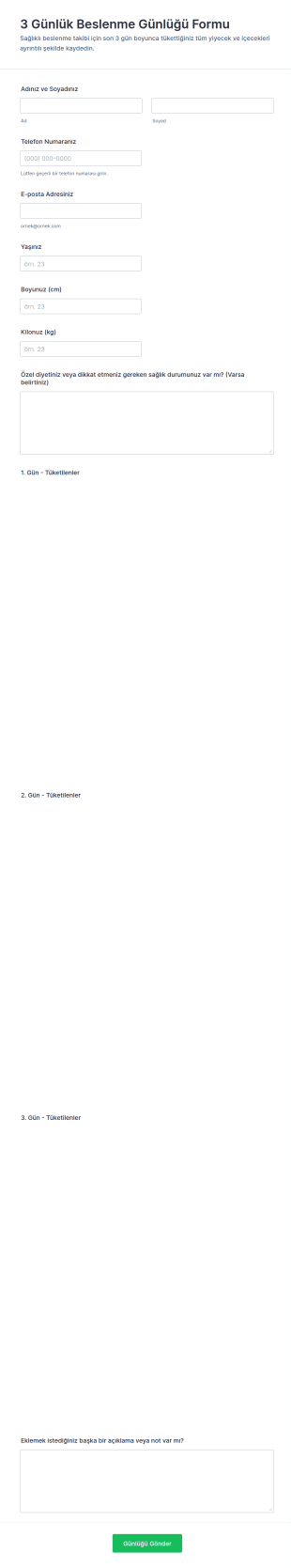3 Gün Diyet Günlüğü Anketi Form Şablonu