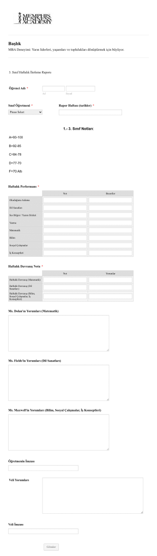 3. Sınıflar İçin Haftalık İlerleme Raporu Form Template