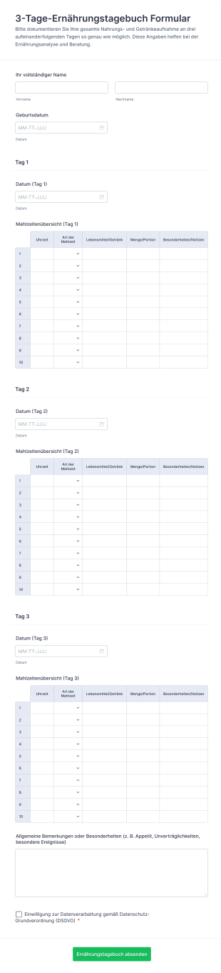 3 Tage Ernährungstagebuch Formular