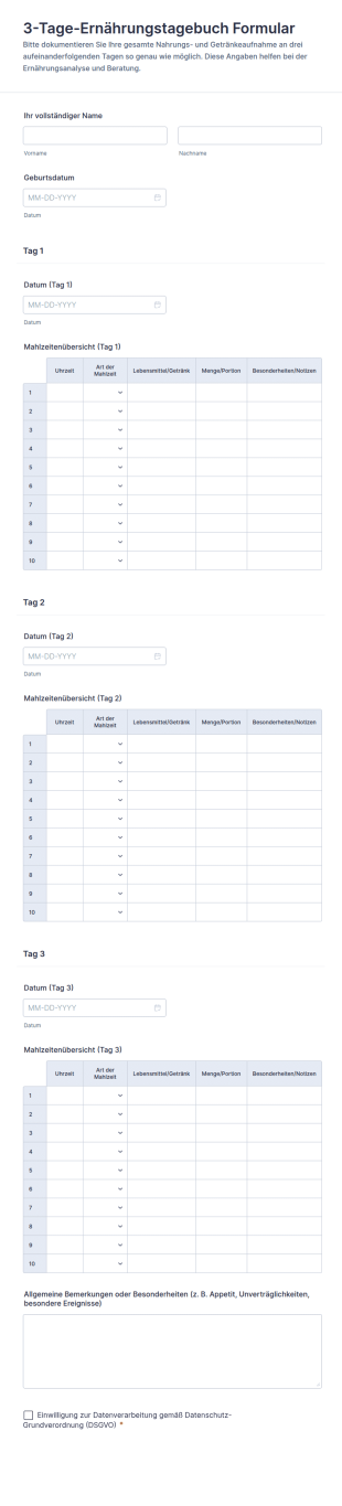 3 Tage Ernährungstagebuch Formular