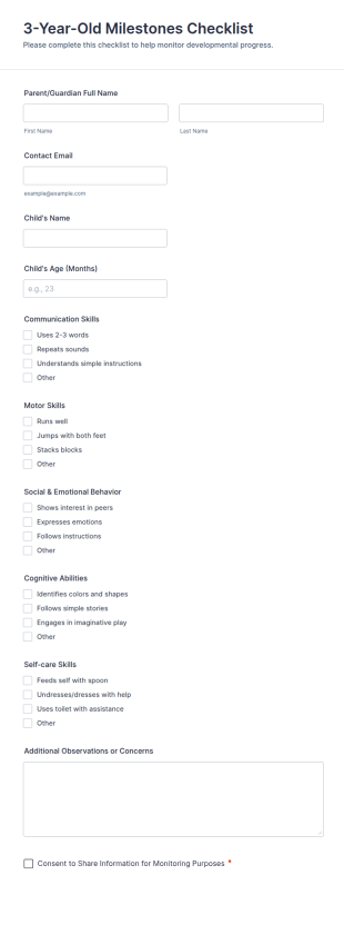 3 Year Old Milestones Checklist Form Template
