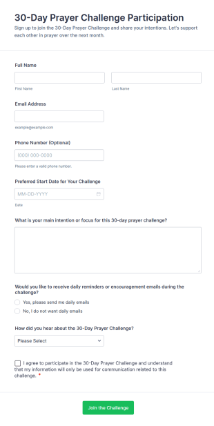 30 Day Prayer Challenge Participation Form Template