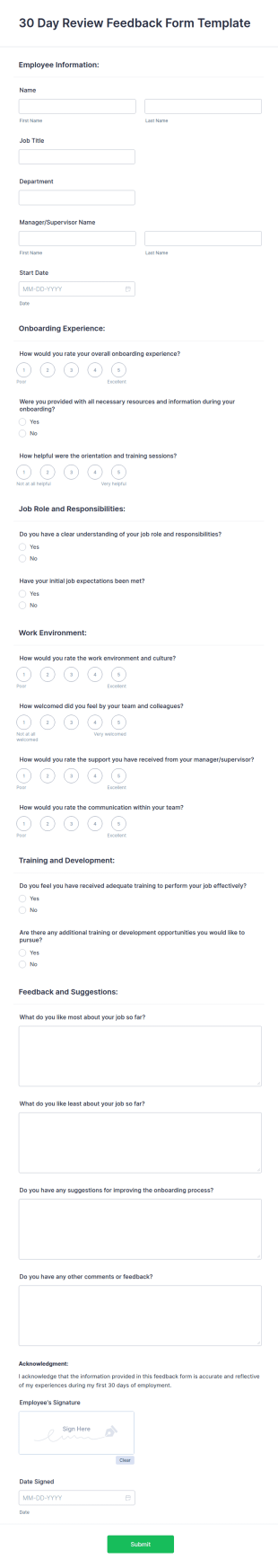 30 Day Review Feedback Form Template