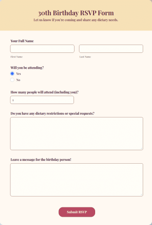 30th Birthday RSVP Form Template