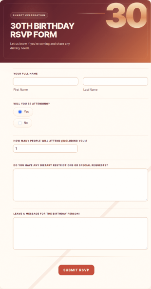30th Birthday RSVP Form Template