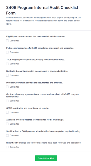 340B Program Internal Audit Checklist Form Template