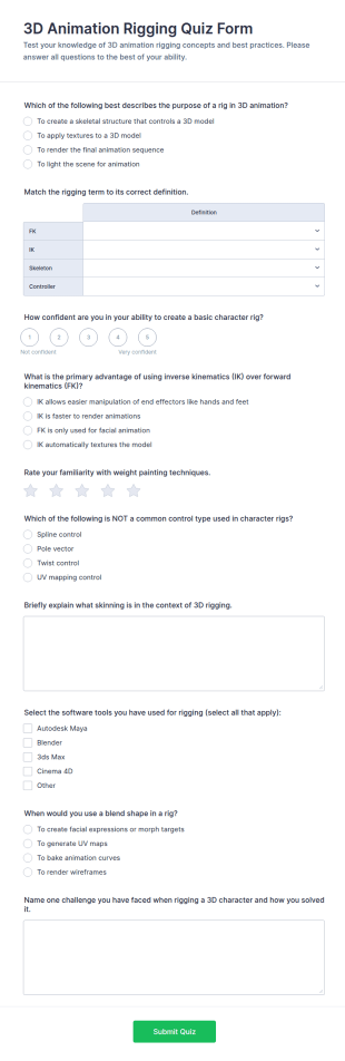 3D Animation Rigging Quiz Form Template