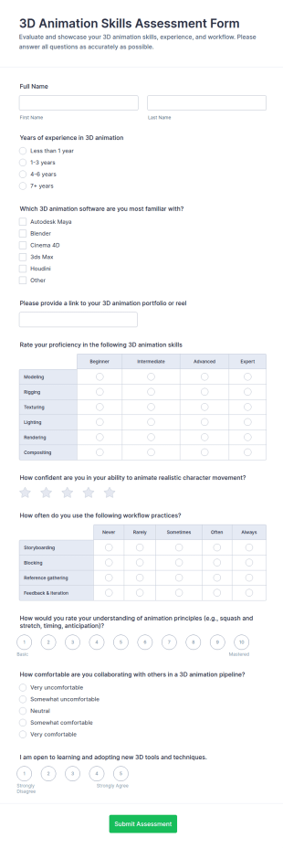3D Animation Skills Assessment Form Template