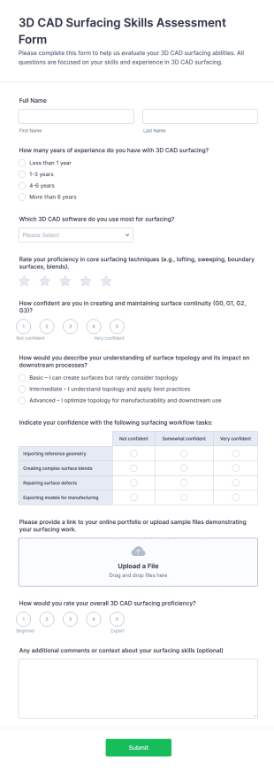 3D CAD Surfacing Skills Assessment Form Template