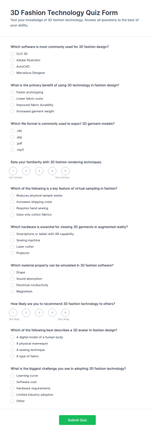 3D Fashion Technology Quiz Form Template