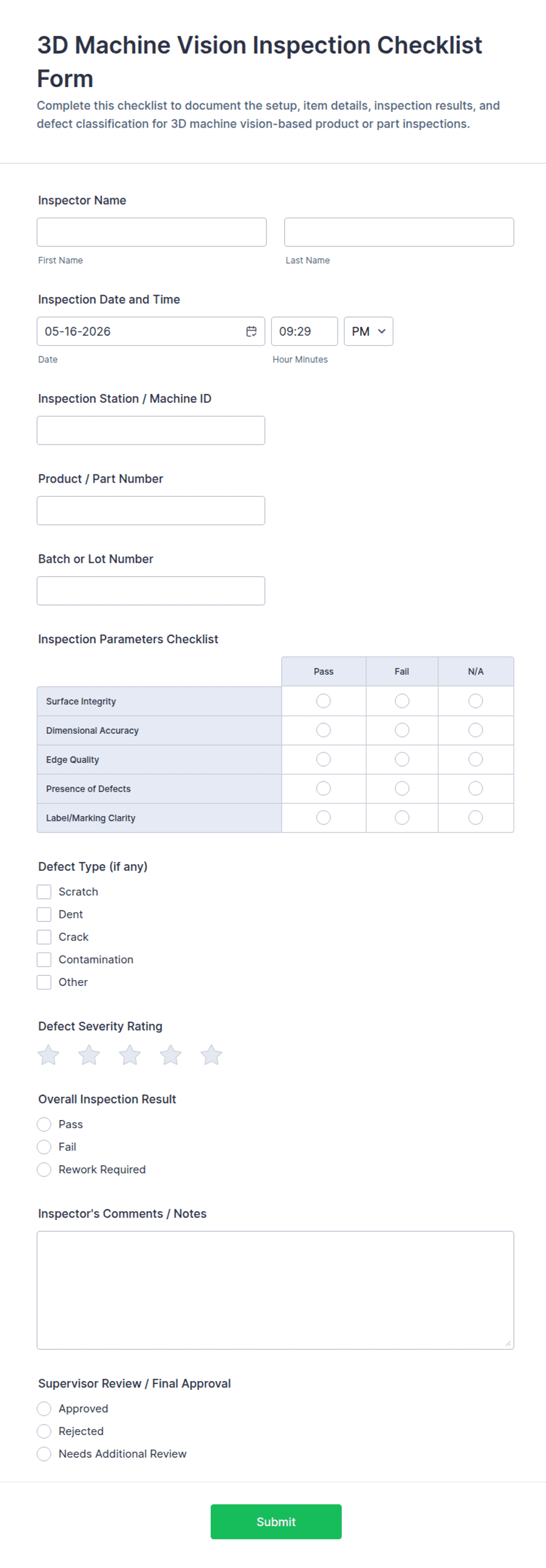 3D Machine Vision Inspection Checklist Form Template | Jotform