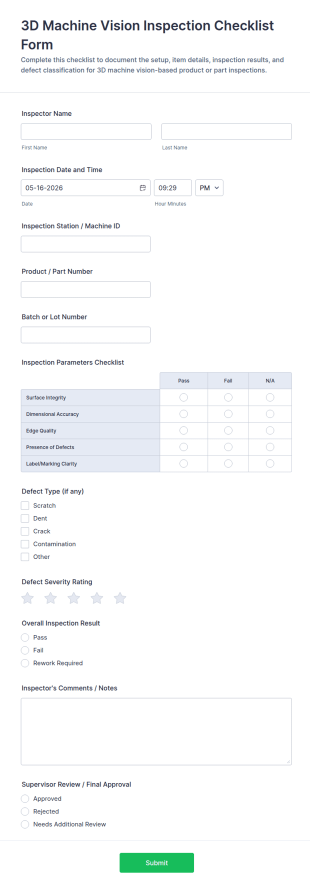3D Machine Vision Inspection Checklist Form Template
