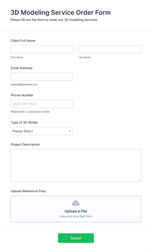 3D Modeling Service Order Form Form Template