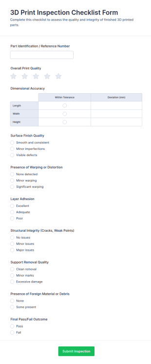 3D Print Inspection Checklist Form Template