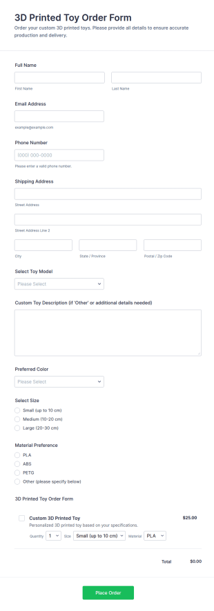 3D Printed Toy Order Form Template