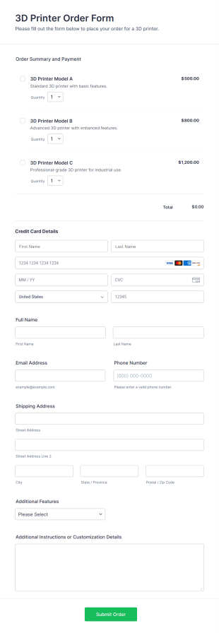 3D Printer Order Form Template