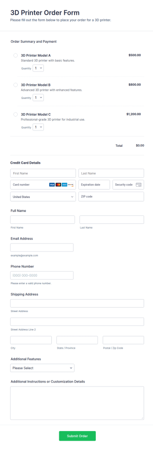 3D Printer Order Form Template