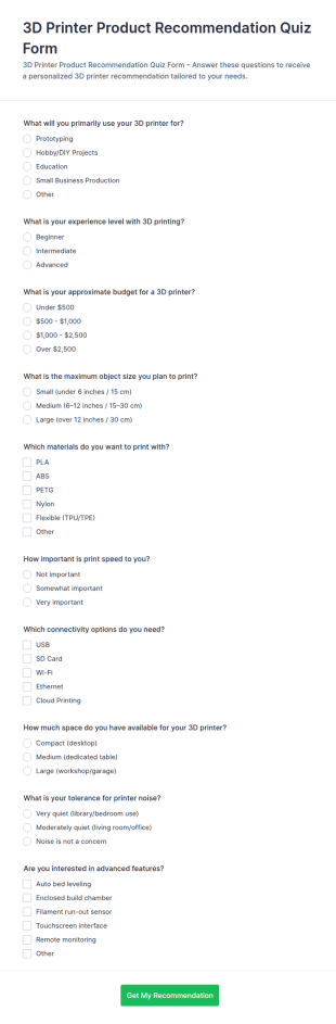 3D Printer Product Recommendation Quiz Form Template
