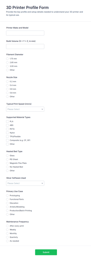 3D Printer Profile Form Template
