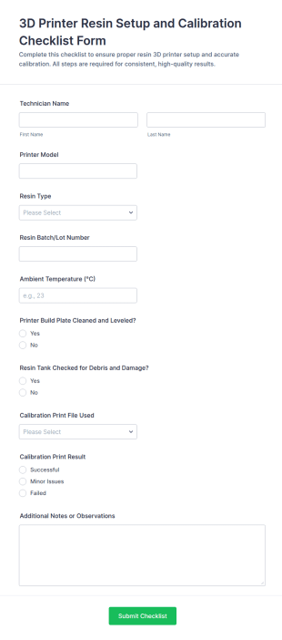 3D Printer Resin Setup And Calibration Checklist Form Template