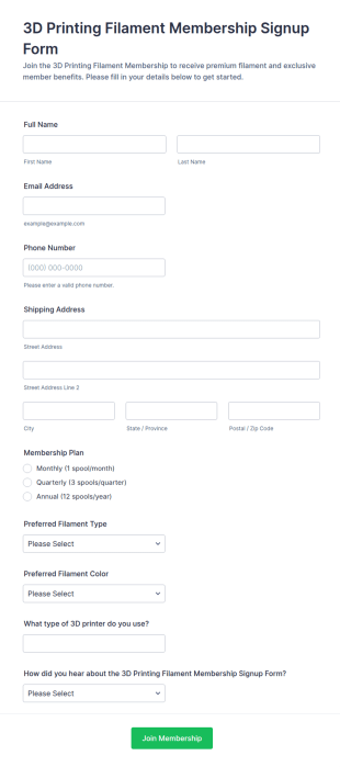 3D Printing Filament Membership Signup Form Template