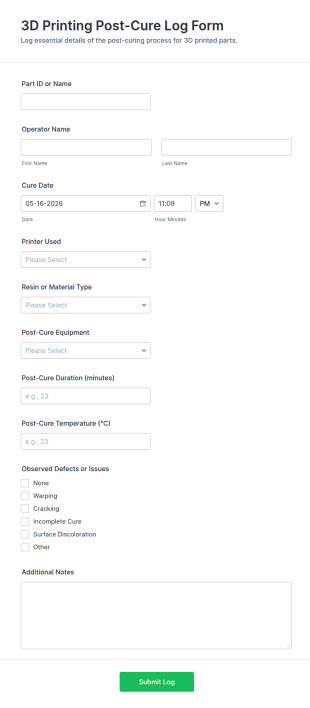 3D Printing Post Cure Log Form Template