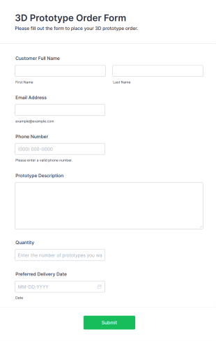 3D Prototype Order Form Form Template