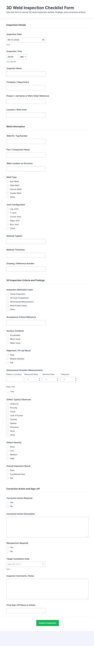 3D Weld Inspection Checklist Form Template