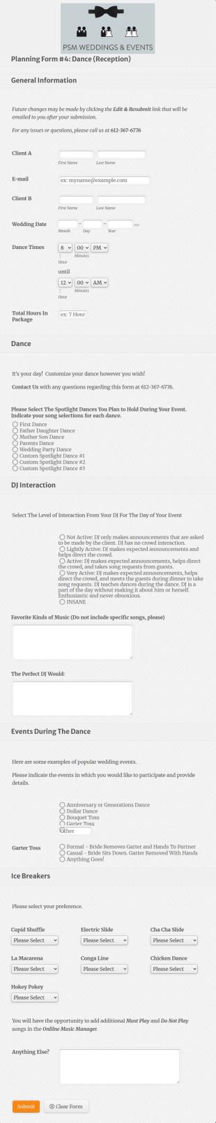Wedding Dance Planning Form Template