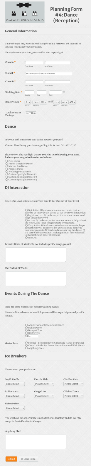 Wedding Dance Planning Form Template