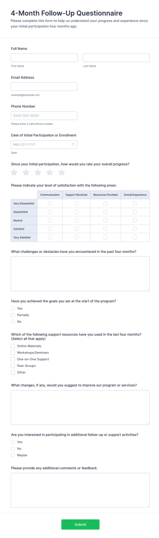 4 Month Follow Up Questionnaire Form Template
