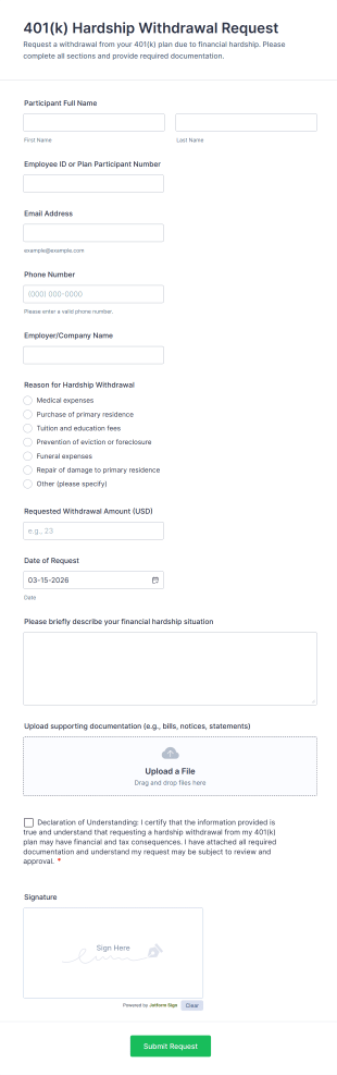 401(k) Hardship Withdrawal Request Form Template