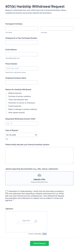 401(k) Hardship Withdrawal Request Form Template