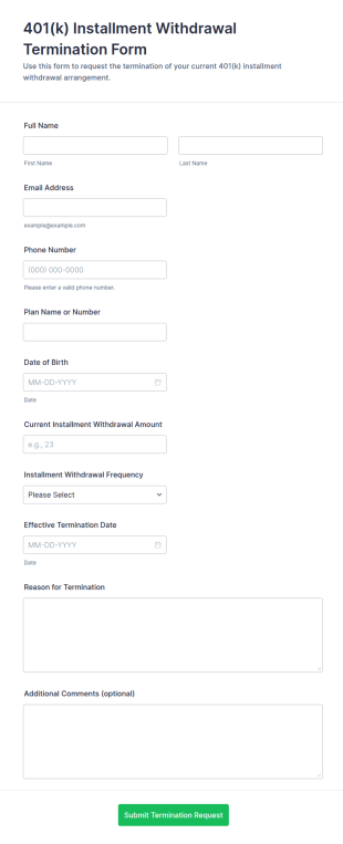 401(k) Installment Withdrawal Termination Form Template
