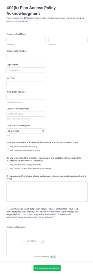 401(k) Plan Access Policy Acknowledgment Form Template