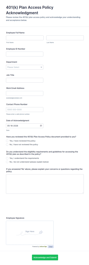 401(k) Plan Access Policy Acknowledgment Form Template