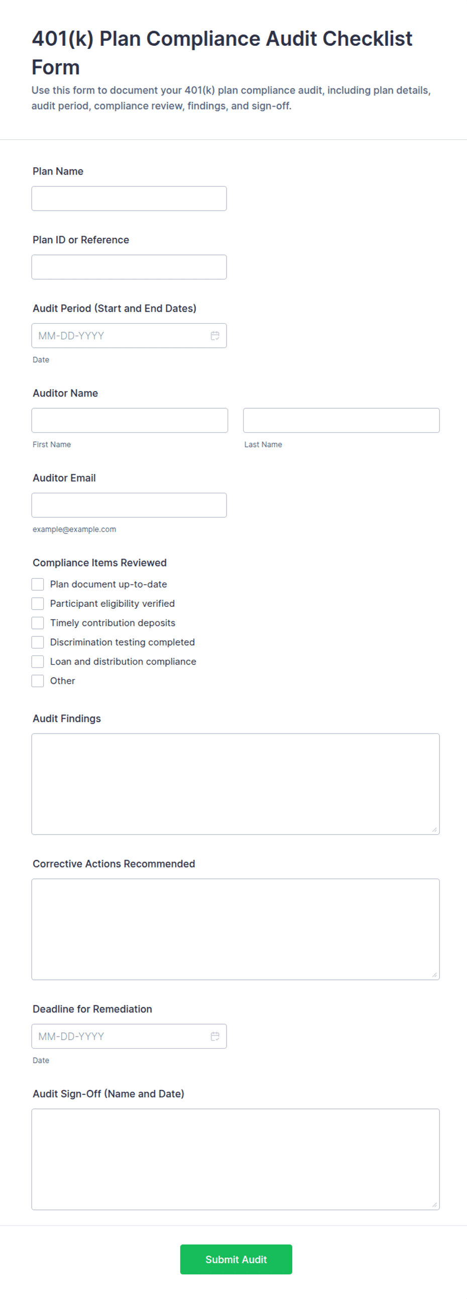 401(k) Plan Compliance Audit Checklist Form Template | Jotform